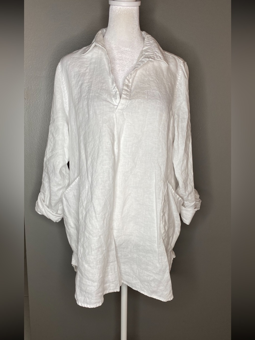 Jones New York White Linen Pullover Top Artsy Lagenlook V-Neck Tunic - Size L